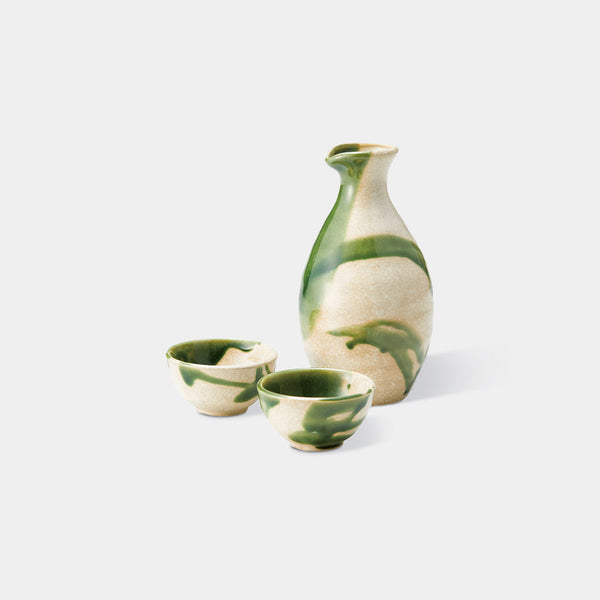 [清酒瓶和杯子套裝]帶綠線的Oribe（3件）| Mino Wares |馬魯莫·高吉（Marumo Takagi）