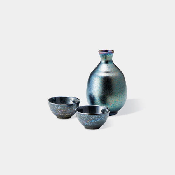 [清酒瓶和杯子套裝]黑色光澤（3件）| Mino Wares |馬魯莫·高吉（Marumo Takagi）