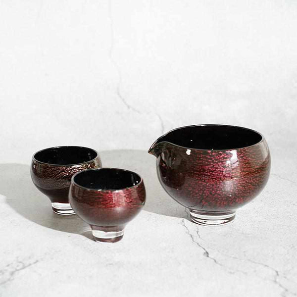 [Sake Bottle & Cup Set] 3pieces Sai Red | สตูดิโอแก้ว Izumo | กระจกเป่า (ผลิต 2 สัปดาห์หลังคำสั่ง)
