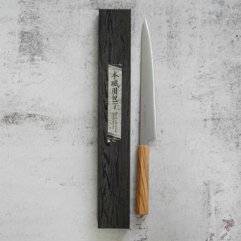 [KITCHEN (CHEF) KNIFE]  INOX SWEDISH STEEL SUJIBIKI (DOUBLE-EDGED BLADE) OLIVE WOOD HANDLE 270MM | SAKAI FORGED BLADES