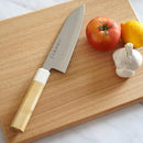 [KITCHEN (CHEF) KNIFE]  INOX SANTOKU KNIFE AOMORI HIBA OCTAGONAL HANDLE ARTIFICIAL MARBLE RING 180MM | SAKAI FORGED BLADES