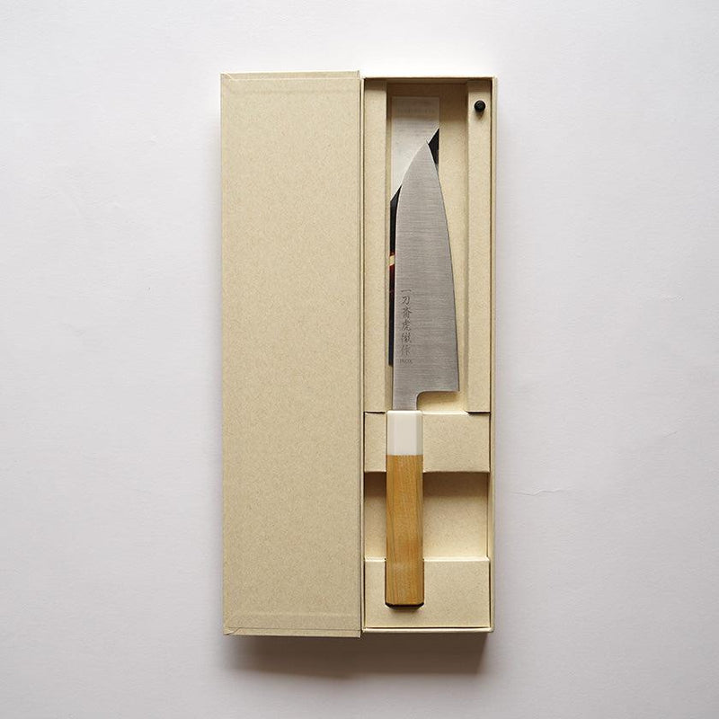 [KITCHEN (CHEF) KNIFE]  INOX SANTOKU KNIFE AOMORI HIBA OCTAGONAL HANDLE ARTIFICIAL MARBLE RING 180MM | SAKAI FORGED BLADES