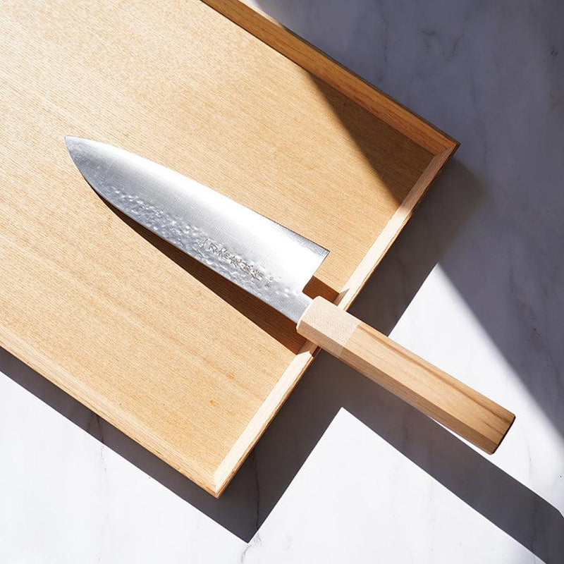 [廚房（廚師）刀]金色WARIKOMI V5錘擊日本Santoku Knife Oak Oak八角形楓木支撐180 | Sakai鍛造刀片
