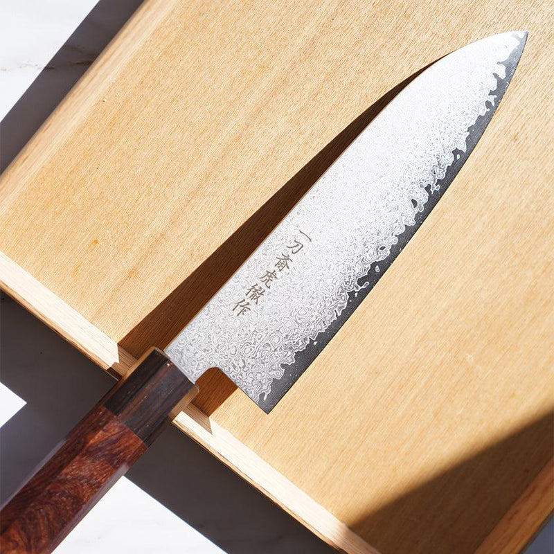 [Kitchen (Chef) มีด] V10 DAMASCUS ญี่ปุ่น Santoku มีดไม้มะเกลือทรงกลม Ebony ลายหนอน 180 | ใบมีดปลอม