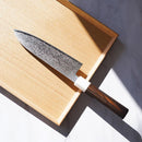 [KITCHEN (CHEF) KNIFE]  POWDERED HSS SG2 DAMASCUS JAPANESE SANTOKU KNIFE STRIPED EBONY OCTAGONAL ARTIFICIAL MARBLE BOLSTER 180  | SAKAI FORGED BLADES