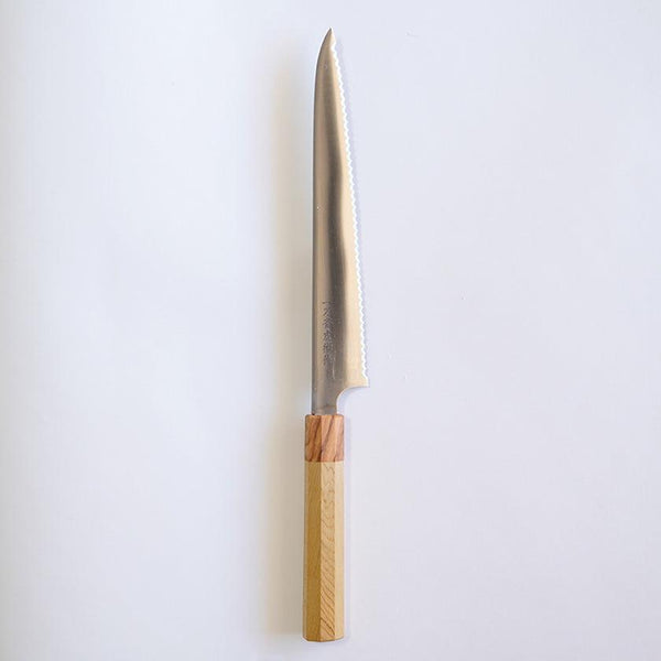 [주방 (요리사) 나이프] 몰리브덴 강철 빵 나이프 Aomori hiba 팔각형 올리브 목재 볼스터 240 | 사카이 단조 블레이드