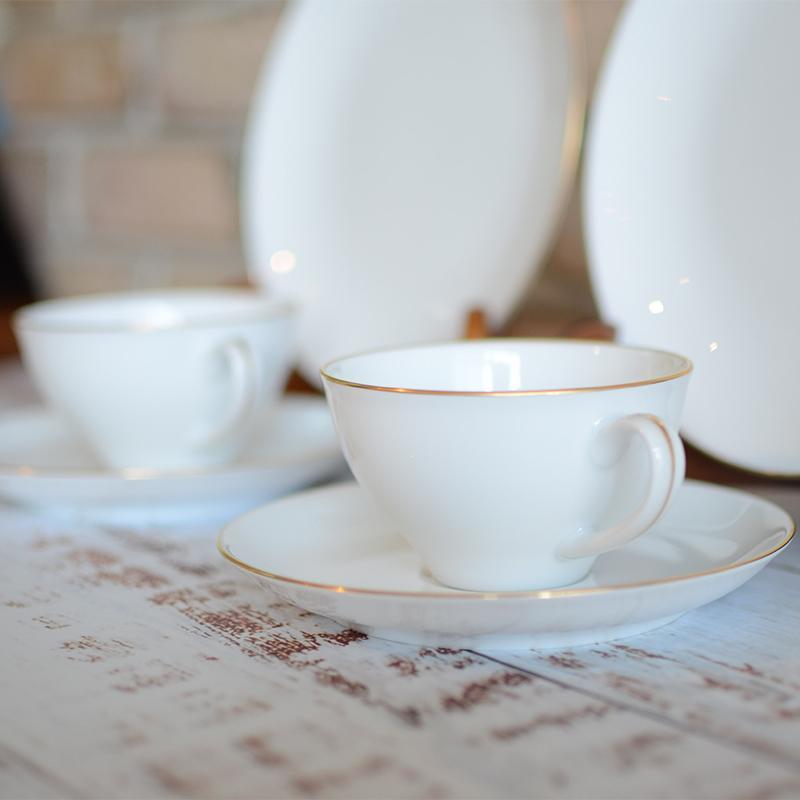 [찻잔 (컵)] 오쿠라 아트 중국 골드 라인 컵 및 접시, 디저트 플레이트 세트 (각각 2 개) | 세라믹