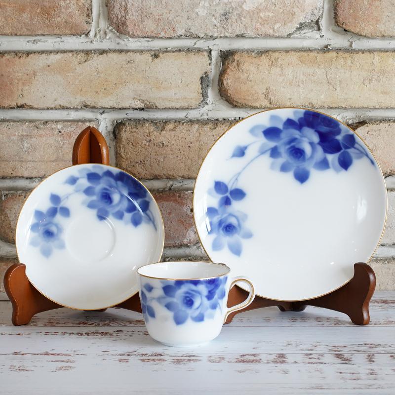 [MUG (CUP)] OKURA ART CHINA BLUE ROSE CUP 및 접시, 디저트 PLATE | 세라믹