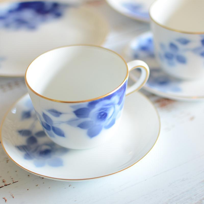 [찻잔 (컵)] 오쿠라 아트 중국 블루 로즈 컵 & 접시, 디저트 플레이트 세트 (각각 2 개) | 세라믹