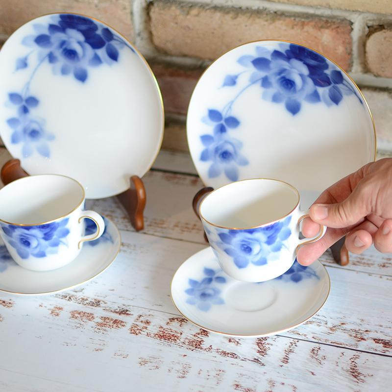 [찻잔 (컵)] 오쿠라 아트 중국 블루 로즈 컵 & 접시, 디저트 플레이트 세트 (각각 2 개) | 세라믹