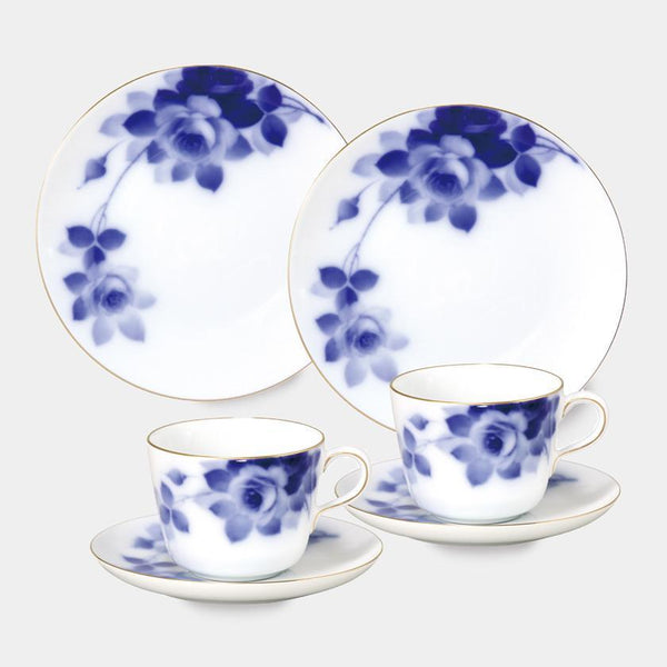 [MUG（杯）] Okura藝術中國藍玫瑰杯和碟子，甜點板套裝（每件2件）|陶瓷
