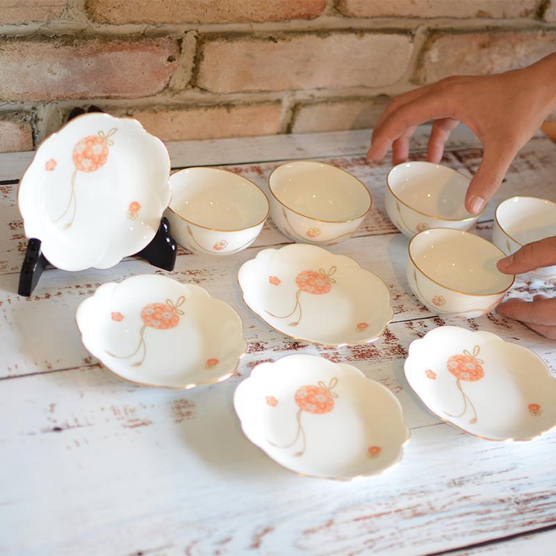 [일본 차 컵] 오쿠라 아트 중국 꽃 공 일본 차 컵, 꽃 모양의 작은 접시 (각각 5 개) | 세라믹