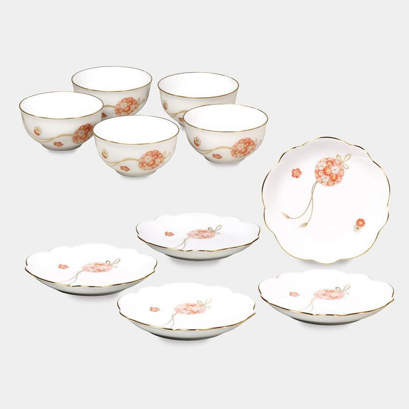 [일본 차 컵] 오쿠라 아트 중국 꽃 공 일본 차 컵, 꽃 모양의 작은 접시 (각각 5 개) | 세라믹