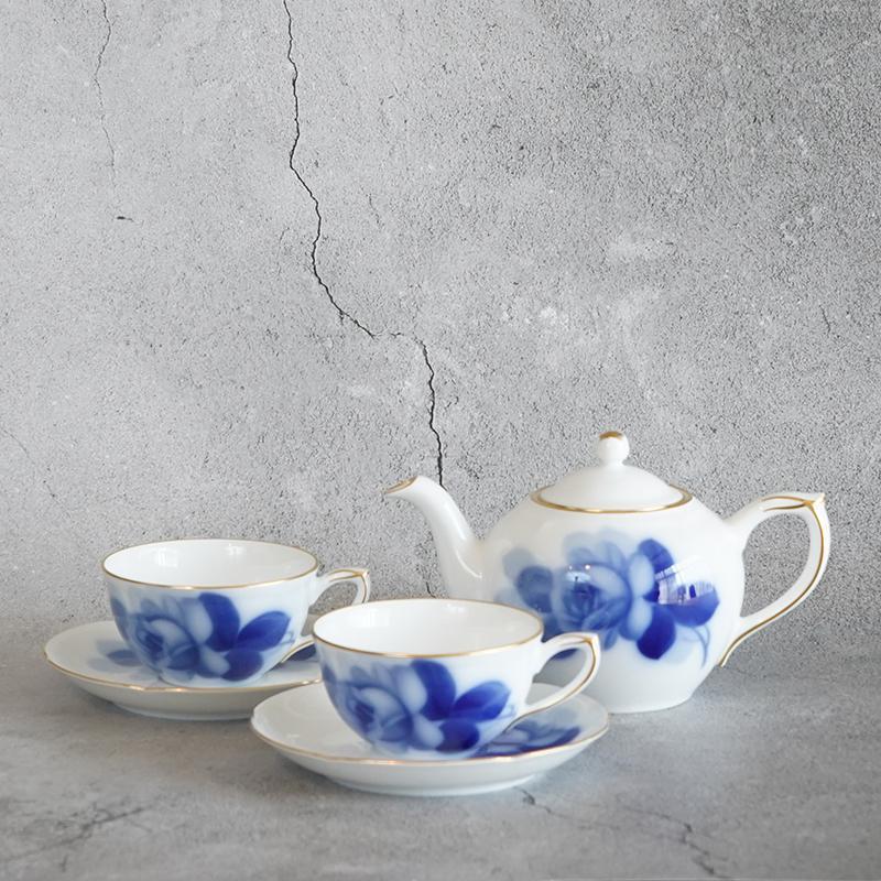 [MUG (CUP)] OKURA ART CHINA BLUE ROSE CUP & SAUCER(2 PIECES EACH), TEA POT | CERAMICS