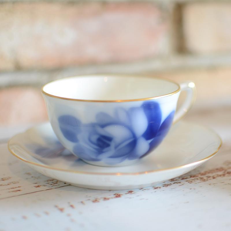 [찻잔 (컵)] 오쿠라 아트 중국 블루 로즈 컵 & 접시 (각각 2 개), 차 냄비 | 세라믹