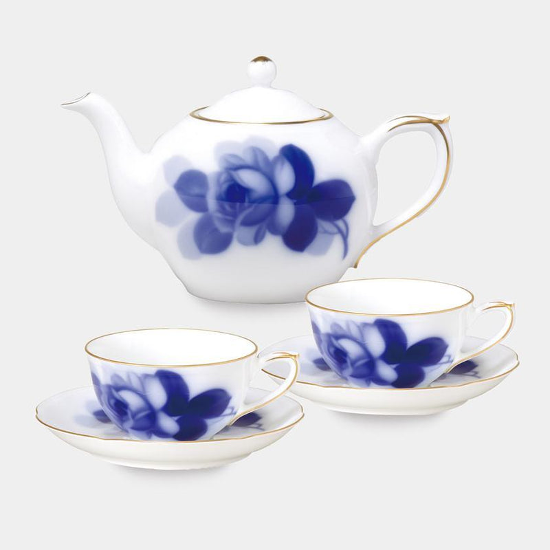[찻잔 (컵)] 오쿠라 아트 중국 블루 로즈 컵 & 접시 (각각 2 개), 차 냄비 | 세라믹