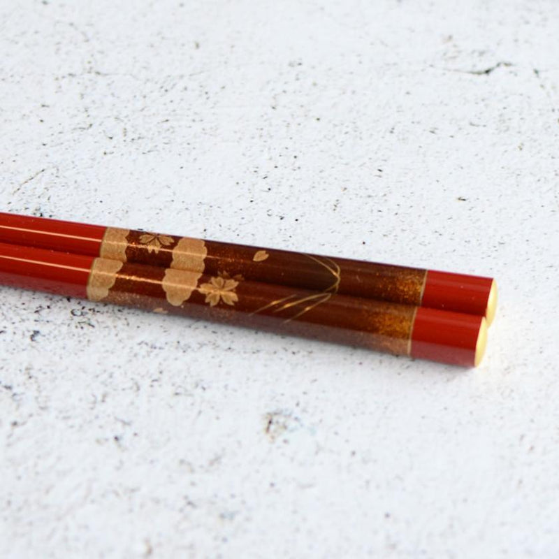 [CHOPSTICKS] HAND-DRAWN GOLD OR SILVER LACQUR GOLD NASHIJI FUJI CHERRY BLOSSOM RED (1 SET) | HASHIMOTO KOUSAKU SIKKI | WAJIMA LACQUER