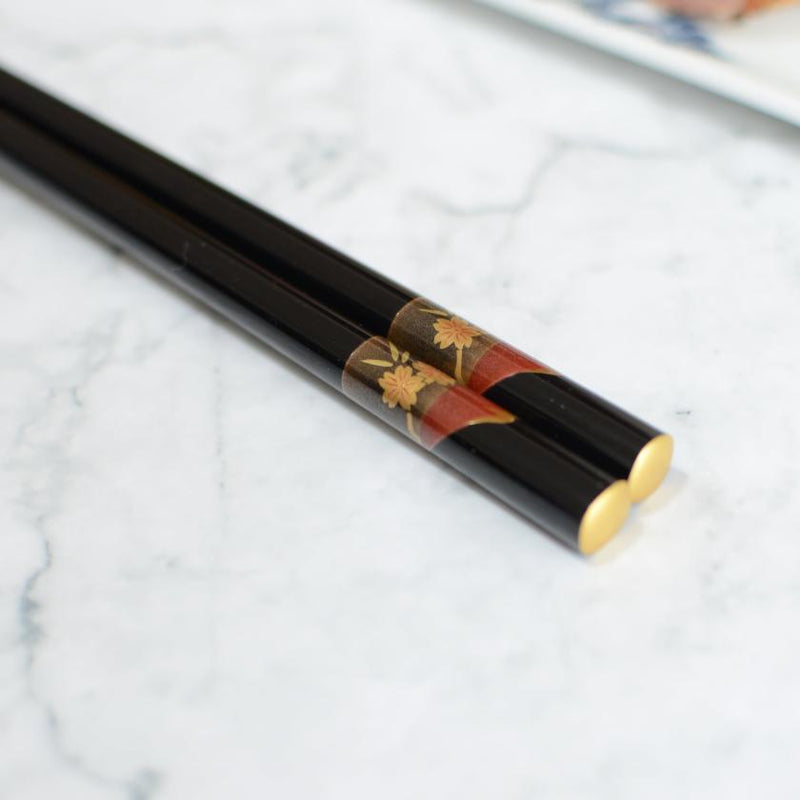 [筷子]手繪金或銀Lacqur富士櫻花黑色（1套）| Hashimoto Kousaku Sikki | Wajima漆器