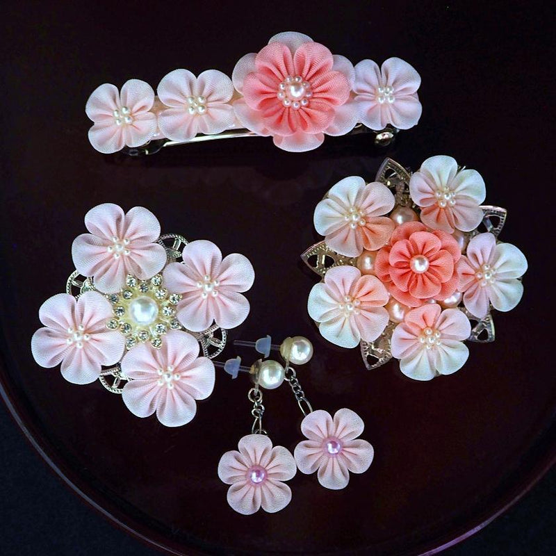 [配件4件]嬰兒粉紅色（Barrettes，Broooches，耳環，袋孔）| J.味道*布花配件| Tsumami Kanzashi.