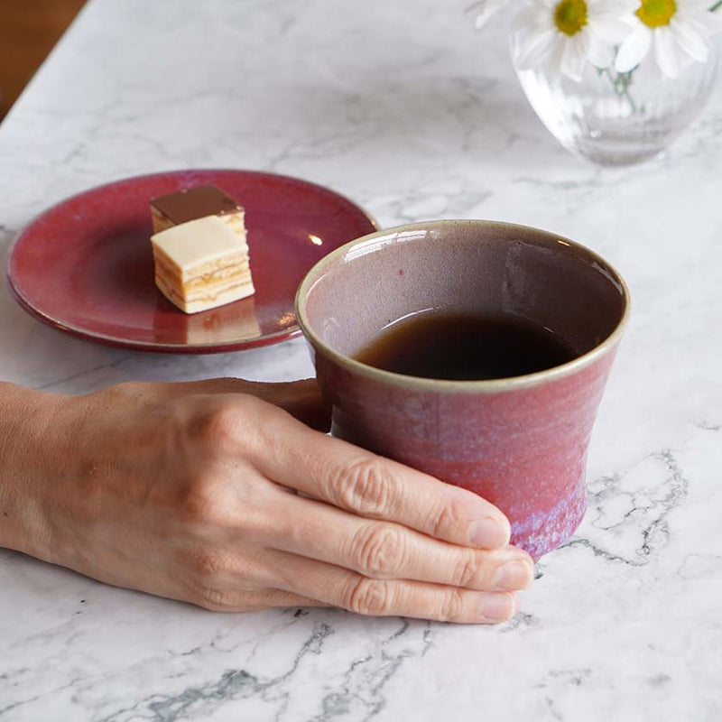 [커피 컵 & 접시 2 조각 세트] Cinnabar & Blue Glaze | 요시미 가마 | 오타니 도자기
