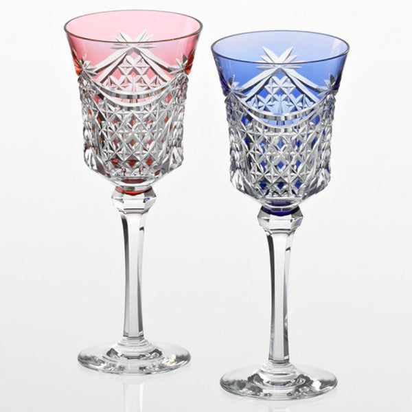 [แก้ว] คู่ของแว่นตาไวน์คู่และตะกร้า Tetragonal สาน | Edo Kiriko | คากามิคริสตัล