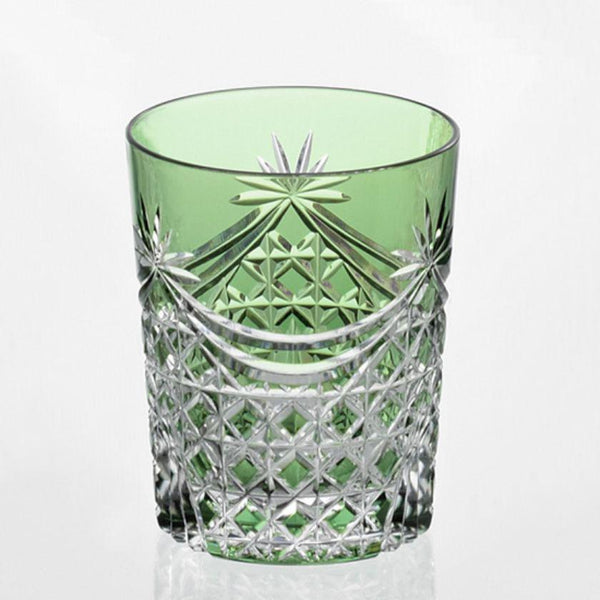 [Rocks Glass] Drape แก้ววิสกี้และตะกร้า Tetragonal สาน (สีเขียว) | Edo Kiriko | คากามิคริสตัล