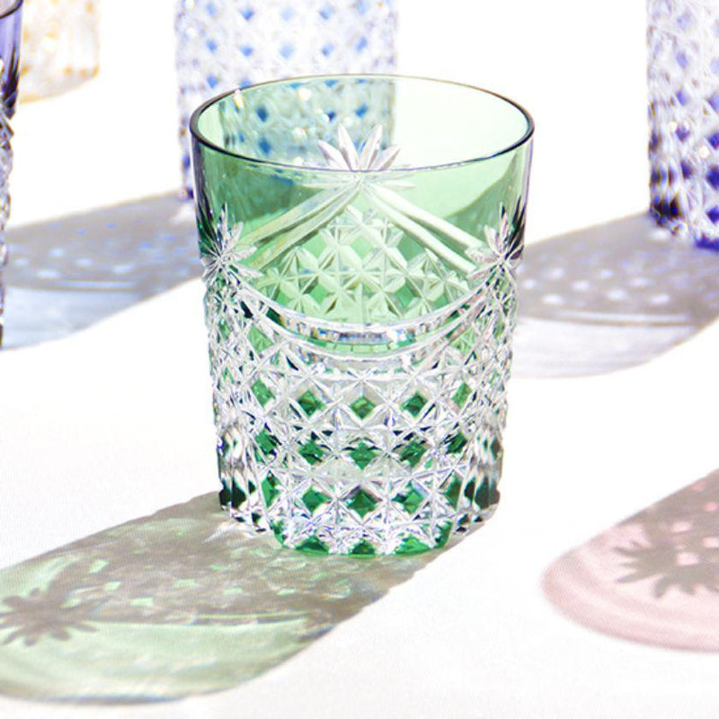 [ROCKS GLASS] WHISKEY GLASS DRAPE & TETRAGONAL BASKET WEAVE (GREEN) | EDO KIRIKO | KAGAMI CRYSTAL