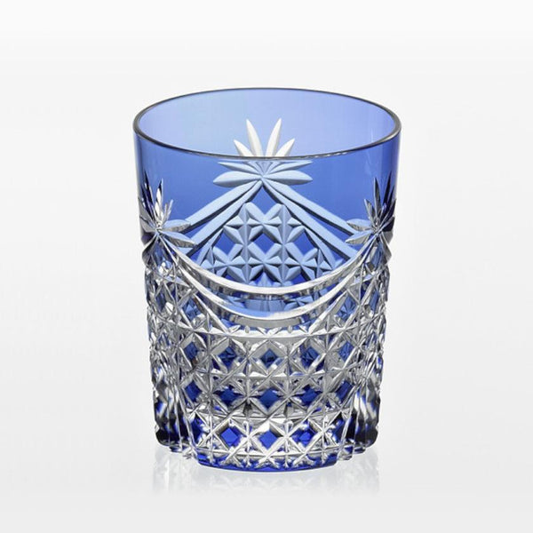 [Rocks Glass] Drape แก้ววิสกี้และตะกร้า Tetragonal สาน (สีน้ำเงิน) | Edo Kiriko | คากามิคริสตัล