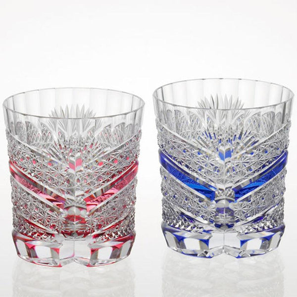 [ROCKS GLASS] PAIR OF WHISKEY GLASSES CHRYSANTHEMUM BASKET WEAVE & FISH SCALES | EDO KIRIKO | KAGAMI CRYSTAL