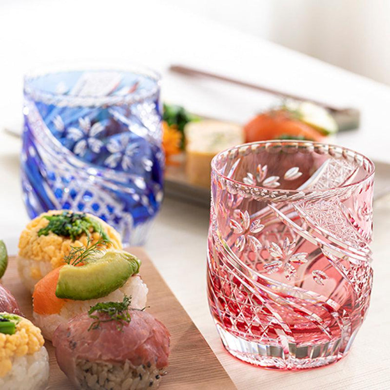 [Rock Glass] Whisky Glass Sakura Nagare Blue | Edo Kiriko | คากามิคริสตัล