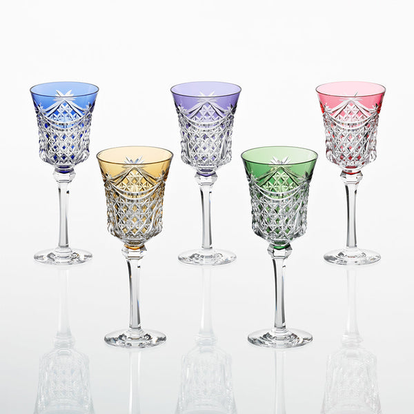 [GLASS] SET OF 5 WINE GLASSES DRAPE & TETRAGONAL BASKET WEAVE | EDO KIRIKO | KAGAMI CRYSTAL