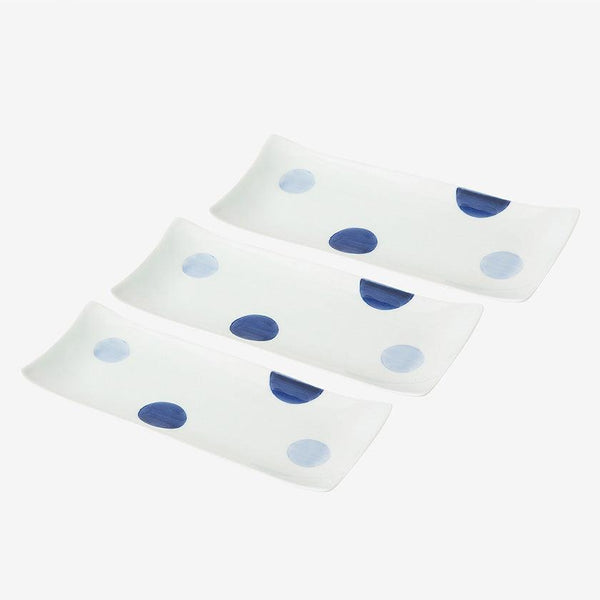 [접시 세트] 2 색 둥근 패턴 긴 직사각형 접시 3 (파란색) | Hasami Wares | 사이카이 토키