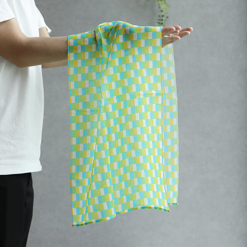 [Stole] Cotton Vertical Checkerboard (Blue-Green-Yellow) | การย้อมสี Kyo Yuzen | Nogiguchi Kihei
