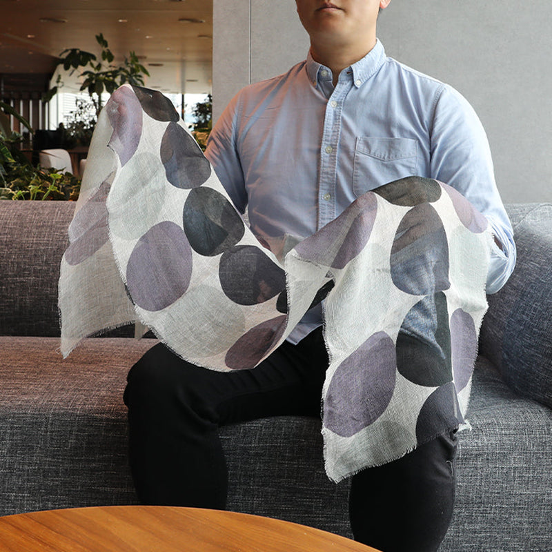 [스톨] 리넨 160 x 35polka 도트 큰 (흑백 및 자주색) | Kyo Yuzen Dyeing | Nogiguchi Kihei
