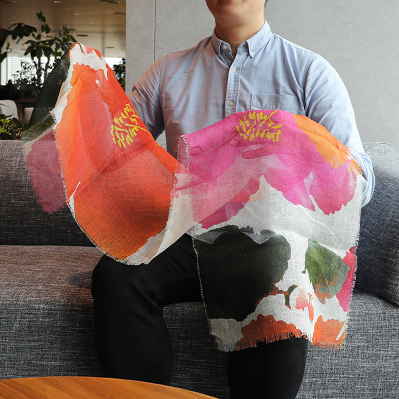 [훔친] 린넨 160 x 35 히비스커스 (주홍색 핑크) | Kyo Yuzen Dyeing | Nogiguchi Kihei