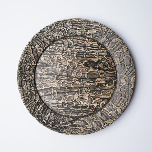 [큰 접시 (플래터)] 포도 아라비 스크 - 그레이 | 인쇄 및 Kyo-Yuzen 조각 | 산사이 스튜디오