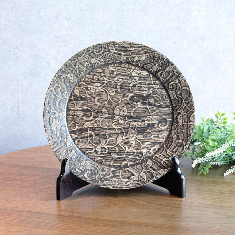 [LARGE PLATE (PLATTER)] RIMMED DISH WITH GRAPES ARABESQUE - GRAY | PRINTING AND KYO-YUZEN ENGRAVING| SANSAI STUDIO