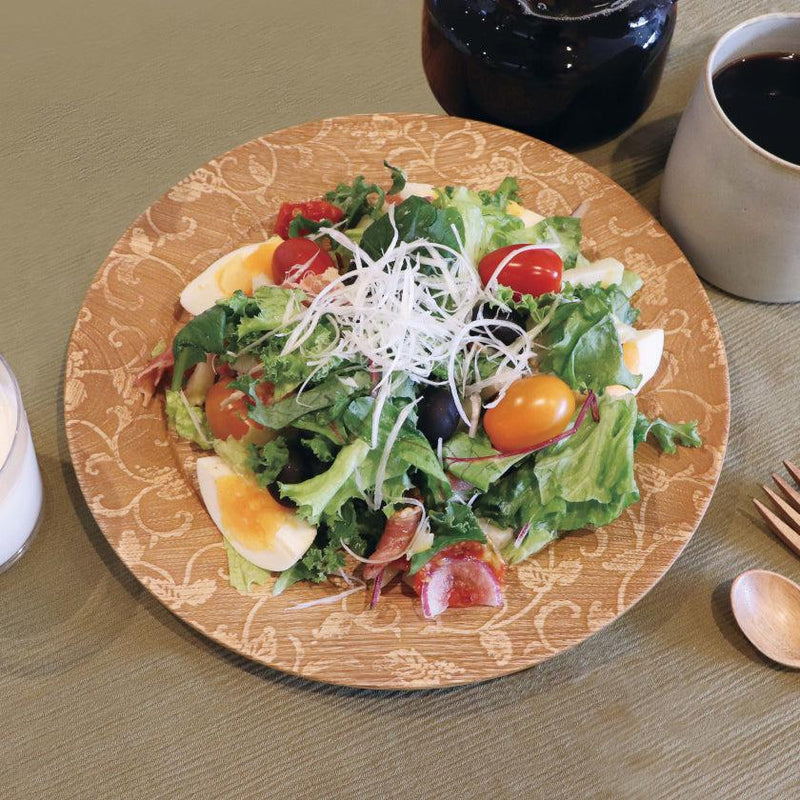 [큰 접시 (플래터)] Rimmed Dish- 포도 아라베스크 - 밝은 갈색 | 인쇄 및 Kyo-Yuzen 조각 | 산사이 스튜디오