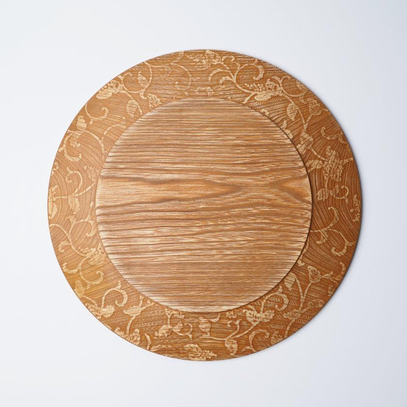 [큰 접시 (플래터)] Rimmed Dish- 포도 아라베스크 - 밝은 갈색 | 인쇄 및 Kyo-Yuzen 조각 | 산사이 스튜디오