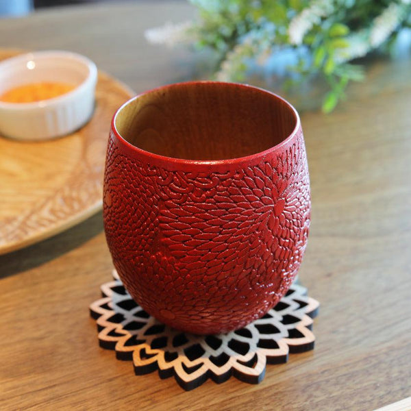 [컵] 국화 패턴 (빨간색) | 인쇄 및 Kyo-Yuzen 조각 | 산사이 스튜디오