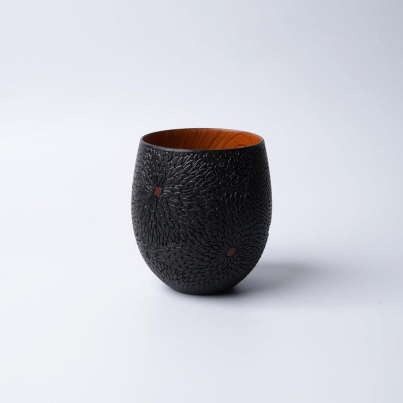 [컵] 국화 패턴 (검은 색) | 인쇄 및 Kyo-Yuzen 조각 | 산사이 스튜디오