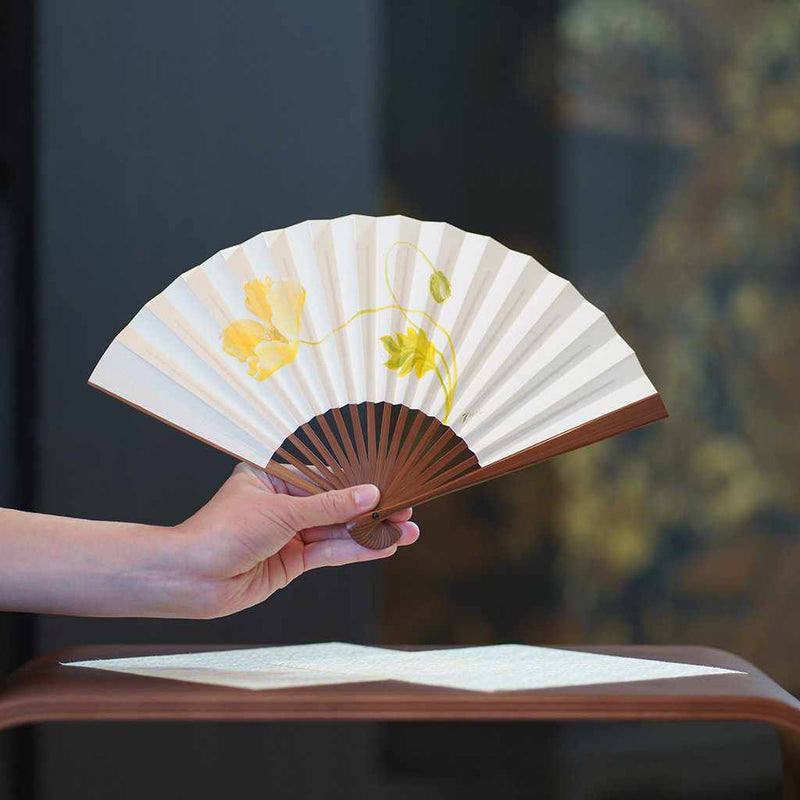 [พัดลมมือ] ด้ายทองพลัมสีขาว Karaki Bamboo 195 | Fankindo Fukatsu Hand Fan | เอโดะพับพัดลม