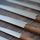 [KITCHEN (CHEF) KNIFE] HIGH CARBON STAINLESS STEEL INTERCUTTING POLISHED DAMASCUS STRIATED 240MM OAK OCTAGONAL PATTERN-KAKISHIBU FINISH- | SAKAI FORGED BLADES|YAMAWAKI CUTLERY